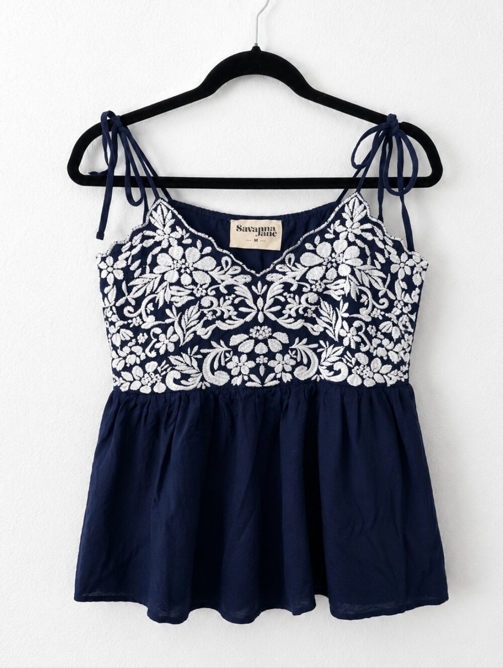 Savanna Jane Embroidered Floral Tie Strap Tank Top Navy White Boho Medium